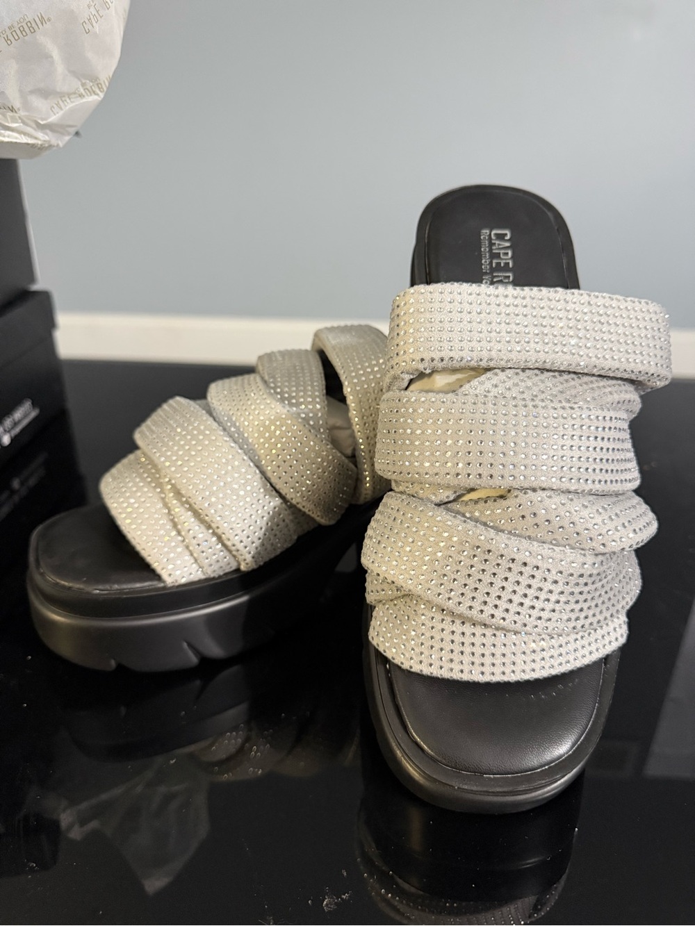 Cape Robbin Silver Crystal-Embellished Slide Mules